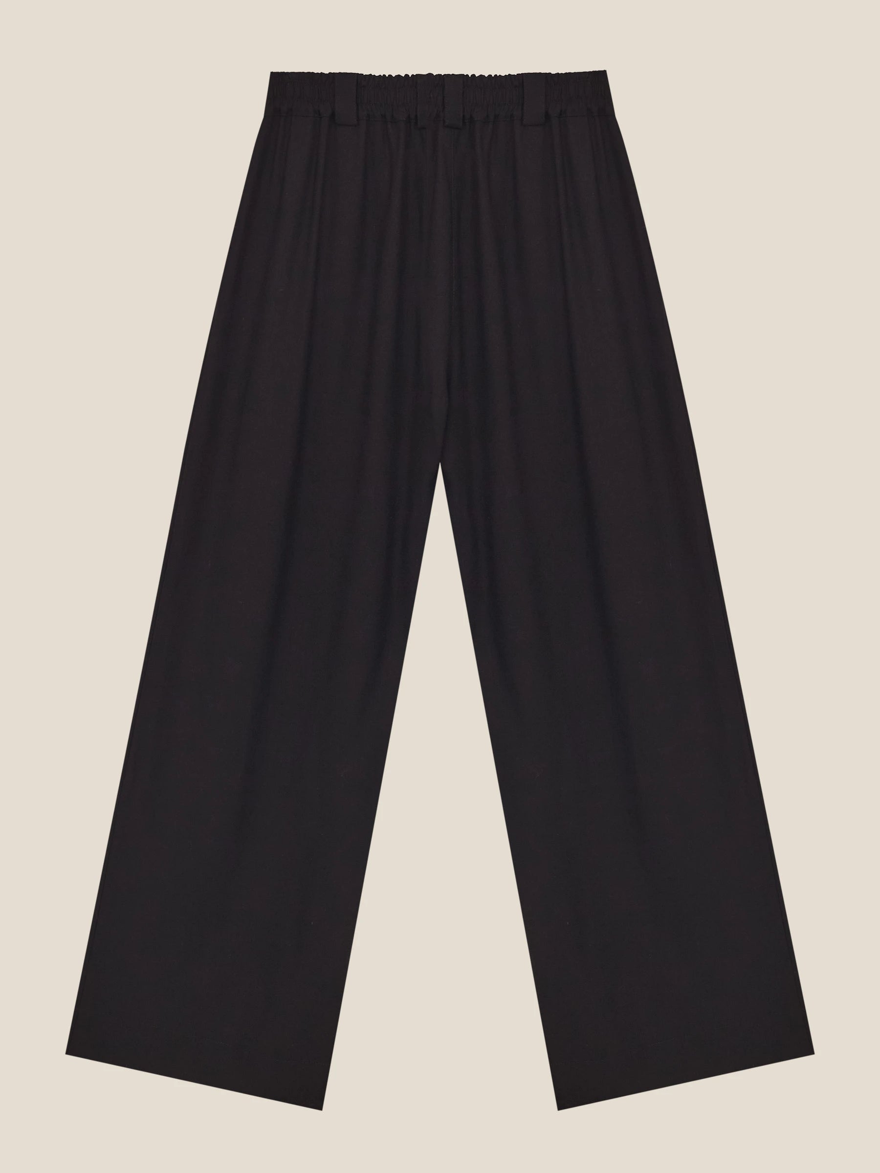Calça Pantalona de Alfaiataria em Linho e Viscose FSC™ Graviola Preta. Compre online moda sustentável e atemporal na Minimadeia. Roupas femininas estilosas, básicas e sustentáveis. Foto produto still 02