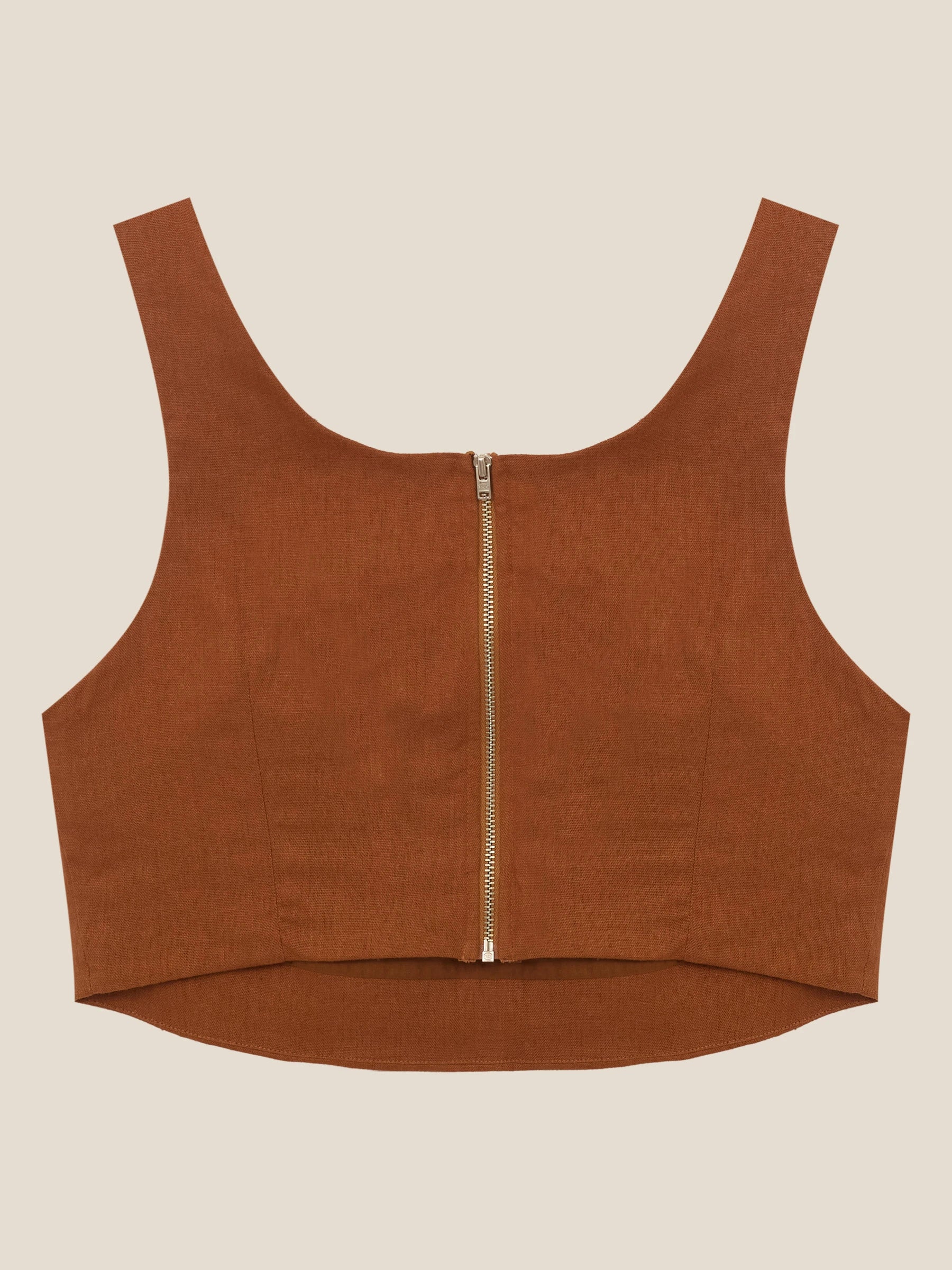 Top Alfaiataria de Linho e Viscose FSC™ Atemoia Terracota. Compre online moda sustentável e atemporal na Minimadeia. Roupas femininas estilosas, básicas e sustentáveis. Foto produto still 02