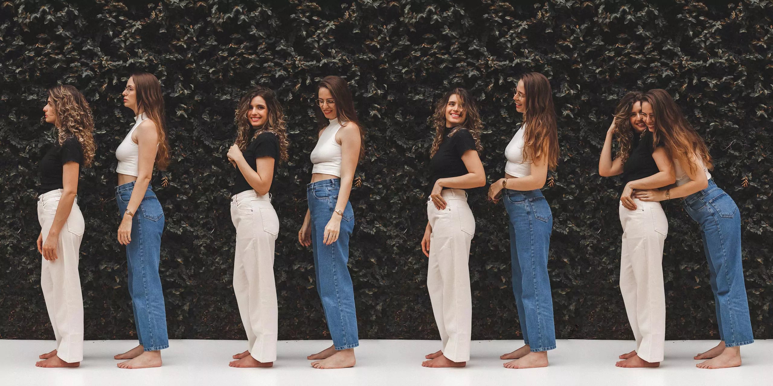 Calça jeans reta azul médio e bege natural em Eco Denim. Compre moda sustentável e atemporal na Minimadeia.