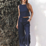 Calça Alfaiataria Pantalona Graviola de Linho e Viscose FSC™ Azul Escuro. Compre online moda sustentável e atemporal na Minimadeia, marca slow fashion de roupas femininas. Foto produto SET25 18