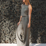 Calça Alfaiataria Pantalona Graviola de Linho e Viscose FSC™ Verde Escuro. Compre online moda sustentável e atemporal na Minimadeia, marca slow fashion de roupas femininas. Foto produto JUL25 07