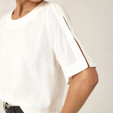 Blusa Alfaiataria Tulipa de Linho e Viscose FSC™ Branca Off White. Compre online moda sustentável e atemporal na Minimadeia, marca slow fashion de roupas femininas. Foto produto ABR25 04